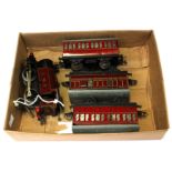 Hornby "O" gauge LMS clockwork tank locomotive train set with key plus coaches and guards van,