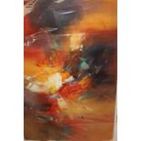 Two contemporary oil on board abstract pictures, indistinctly signed,