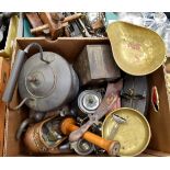 A collection of brass and copperware, including scales, weights, cast iron on stand,