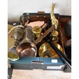 A box of assorted brassware including a cauldron, a 19th Century bed warming pan, two miners lamps,