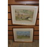 2 early 20th Century watercolours one landscape with fields 23 x 15cm the other river and bridge