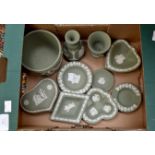 Wedgwood; Green Jasperware, items including small jardiniere, heart shaped box and cover, posy vase,