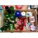 A collection of glass including paperweights and coloured glass; wine, brandy glasses,