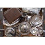 A collection of assorted silver plated ware, including; jugs, trays, teapot, basket, flatware,