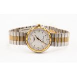 A gents Longines steel and gold plated slim line bracelet watch, round white dial,