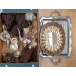 A collection of silver plate and white metal including a large Victorian style two handled tray;