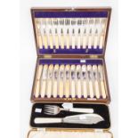 Walker & Hall Sheffield plate fish cutlery set with silver collar, Sheffield 1918, in wooden case,