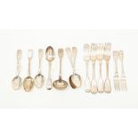 A collection of 19th Century silver fiddle pattern flatware including; 4 table forks,