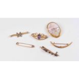 An Art Nouveau 15ct amethyst and green garnet brooch together with a Victorian seed pearl crescent