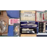 A large collection of Sheffield plate and white metal including knife sets; fish knives and forks;