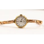 A 9ct gold wristwatch, circa 1930's, round white enamel dial, numbers, subsidiary dial,