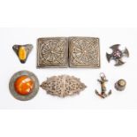 A collection of silver and white metal jewellery including silver nurses belt buckles 1903,
