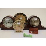 Six various mantle and wall clocks