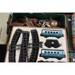 Mixed collectors lot of train set, water bottle, flatware, tie press, camera and Victorian scales,