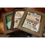 Fremlins; three frames containing six Fremlin advertising cards, 20th Century,