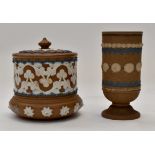 Royal Doulton Silicon pattern, applied white and blue design, tobacco jar, vase/spills jar,