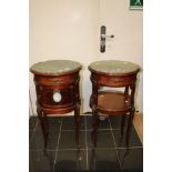 Two French style mahogany marble topped oval bedside tables,