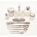 Silver topped and cut glass lot to include two scent bottles, pair of spill vases,