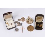 A 9ct gold Masonic fob weight approx 4.5gms, unmarked Masonic pin, 9ct gold cross, weight approx 2.