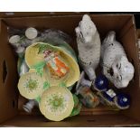 Mixed ceramics lot to include pair of Staffordshire white spaniel dog flatbacks,