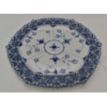 A Royal Copenhagen blue and white hexagonal dish with a reticulated border, hand painted throughout,