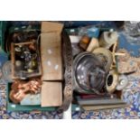 Collection of metal wares, photos, cards, books,