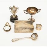 A group of silver items comprising of cigarette box, two small trophies, pocket watch, napkin ring,