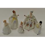 Five Royal Doulton figures, comprising Diana HN2468, Flower of Love HN2460 Catherine HN3044,