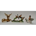 Three items of decorative ceramics including Crown Staffordshire bird group, Thelwell pony,