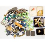 Mixed costume jewellery lot to include beads, stone set brooch and necklace,