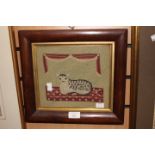 19th century tapestry cat picture in wooden frame