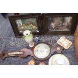 A pair of Civil War style prints, a barometer A/F pair of Brittany painted coasters, bread plate,
