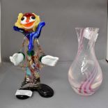 Murano glass clown and Caithness pink vase