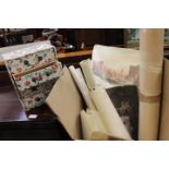 Quantity of scrolls, prints, family trees,