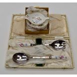 Royal Crown Derby salad servers in case and Posie pattern strainer in box