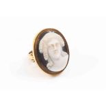 A carved agate cameo ring depicting portrait, size approx 26mm x 20mm, 9ct gold mount,