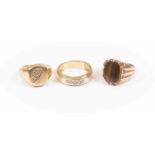 Three 9ct gold rings comprising a five stone diamond set band, diamond weight approx 0.