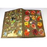 A scrap book of cuttings, cigarette cards, etc up to the 1950's in a linen bound scrap book,