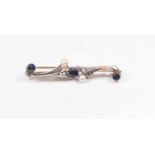 Edwardian sapphire, diamond and pearl bar brooch, comprising three claw set blue sapphires,