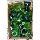 Large collection of green glass, vases, bowls,