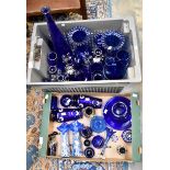 Large collection of Blue Glass vases, bowls etc,