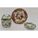 Masons Ironstone "Chartreuse" tea caddy together with a bonbon dish and a brown velvet tea plate