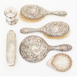 A box of silver, including mirror handbrushes etc along with pepper grinder,