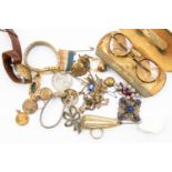 Collection of watches and costume jewellery, yellow metal items, coins,