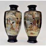 A pair of early 20th Century Satsuma vases - hexagonal shape with painted panels,