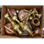 A collection of assorted brass ware and copper ware including a pair of Victorian candlesticks,