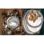 Four silver plated platters, two serving plated trays and other plated items including coffee pots,