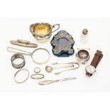 Collection of silver items including jewellery, cream jug, watch, frame,