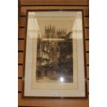 Pair of Victorian street scene etchings of York in the 16th Century approx 28 x 48 cm (2)