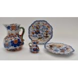 19th Century Masons ironstone style Imari palette jugs and two ironstone plates (4)